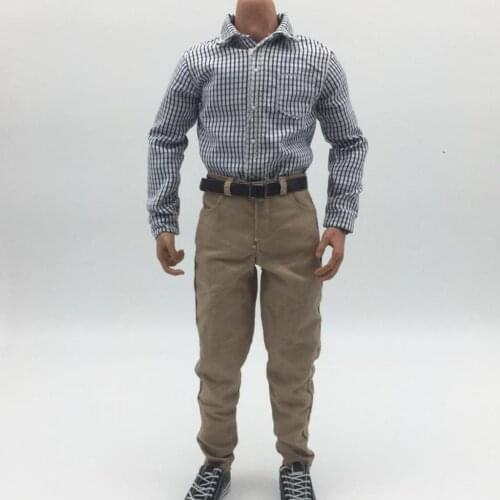 1/6 Scale Gray Plaid Shirt Long Sleeve Casual Khaki Trousers Belt Male Clothes for 12 inch Men Action Figure DIY Accessories