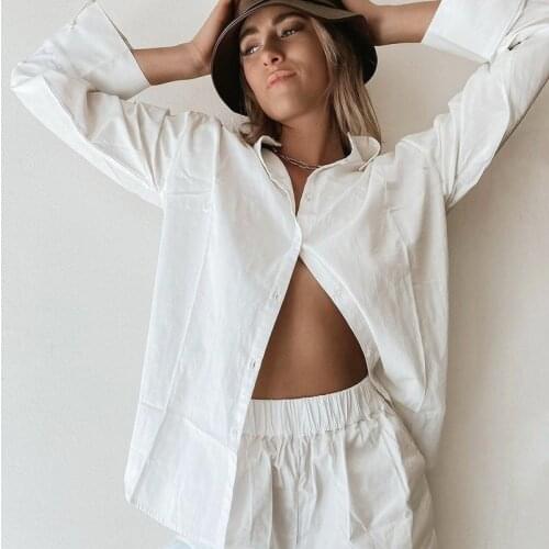 2021 Trend Spring New Womens Casual Suit Two Piece Outfits Female Long-sleeved White Shirt Top Cotton Linen Shorts Matching Set