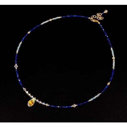 Lii Ji Lapis Lazuli Aquamarine Austrian Crystal 14K Gold Filled Necklace 38+4cm Natural Stone Handmade Jewelry For Women Gift