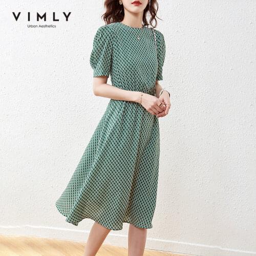 VIMLY Vintage Dress For Women Summer Round Neck Dot Print Maxi Dresses Elegant Puff Sleeve Elastic Waist Womens Dress F7263