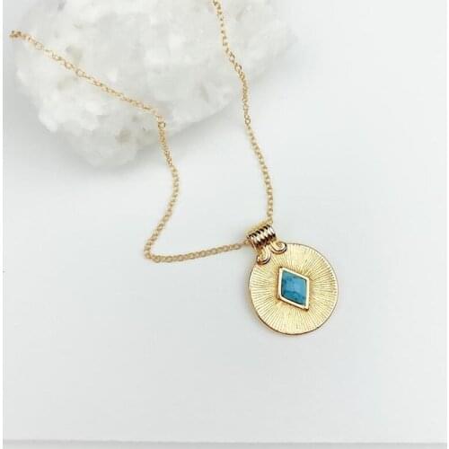 Simple Creative Golden Turquoises Necklace Coin Round Pendant Necklace Girl Holiday Party Fashion Charm Jewelry Gift