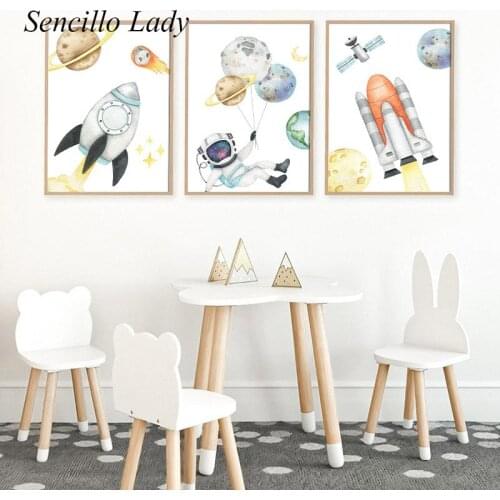 Rocket Astronaut Space Nursery Art Poster Adventure Cartoon Canvas Print Wall Painting Decorative Picture Baby Kids Room Decor