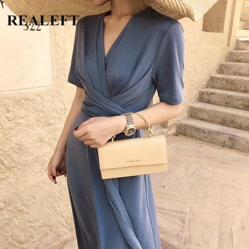 REALEFT Summer 2021 New Stain Long Dresses Vintage V-Neck Short Sleeve Lace Up High Waist Loose Straight Female Party Dresses