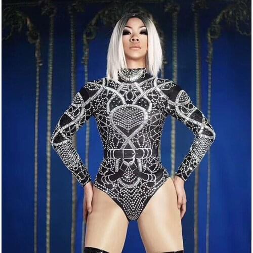 Sexy Stage jazz dance costume Black Nude Rhinestone Jumpsuit Sexy Nightclub Bar Wear Stones Bodysuit Leggings Celebrate Outfit