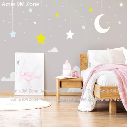 Light grey color background white moon yellow stars cloud cartoon kids room all decor discount customers wall size wallpaper