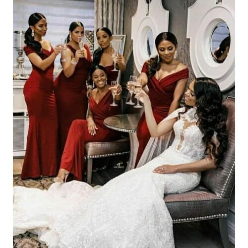 Vintage Long Satin Mermaid Off Shoulder Bridesmaid Dresses Custom Pleated Top Lace Up Back Arabic Formal Wedding Party Dresses