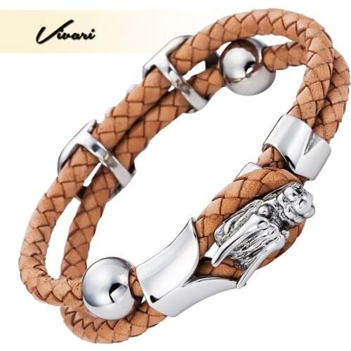 Vivari 2017 Punk Genuine Leather Women Bangle Stainless Steel 2017 Light Brown Men fashion Bracelet Unisex Rock Accessories