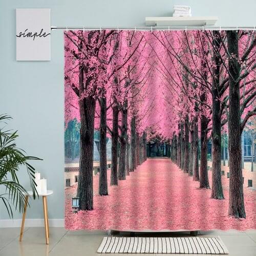 Pink Flowers Scenery Shower Curtain Sakura Green Plants Garden Spring Natural Landscape Bathroom Home Decor With Hooks Screen