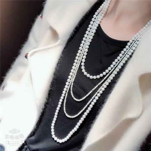 Hand knotted 3-4mm 8-9mm white freshwater pearl necklace sweater chain long 50-85 cm