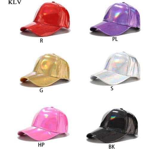 Women Men Faux Leather Baseball Cap Glitter Metallic Holographic Rainbow Reflective Hip Hop Adjustable Strapback Peaked Hat