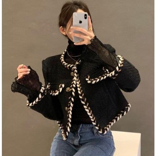 Autumn Winter Vintage Tweed Short Jacket Ladies Korean Fashion O-neck Single-breasted Long Sleeve Cropped Coat Women Elegant