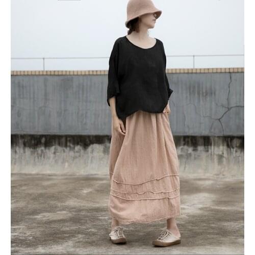 Women Cotton Linen Skirts Ladies Elastic Waist Solid Color Patchwork Skirt Female Summer 2021 Skirts