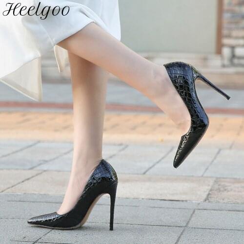 Heelgoo Crocodile Effect Women Pointy Toe 12cm High Heel Shoes Big Size 35-46 Wide Foot Ladies Slip On Party Stiletto Pumps
