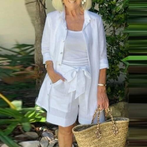 Womens Solid Long Sleeve Shirt Suit Turn Down Collar Casual Tops Female Spaghetti Strap Vest Lace Up Shorts 3 Piece Sets Summer