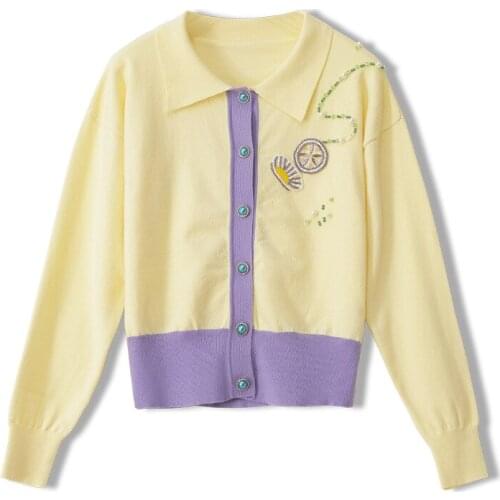 2020 Fall/winter Womens Lapel Long Sleeve Beaded Striped Slim Thin Yellow Embroidery Knitted Female Cardigan Short Jacket