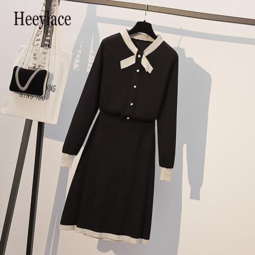 Plus Size Autumn Women Knitted 2 Piece Set Long Sleeve Bow Pearl Button Sweater Top+High Waist A Line Skirt Suit Female 4Xl Set