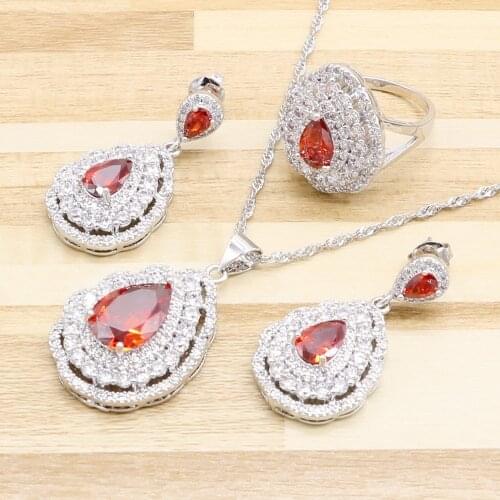 Jewelry Sets For Women Silver colorcolor Color Red Cubic Zirconia Earrings Pendant Necklace Rings Free Gift Box Made in China