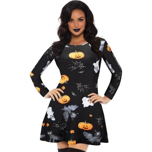 Halloween Skull Pumpkin Lanter Dress Womens Autumn Winter Long Sleeves Round Neck Funny Origindity Mini High Waist Pullover New