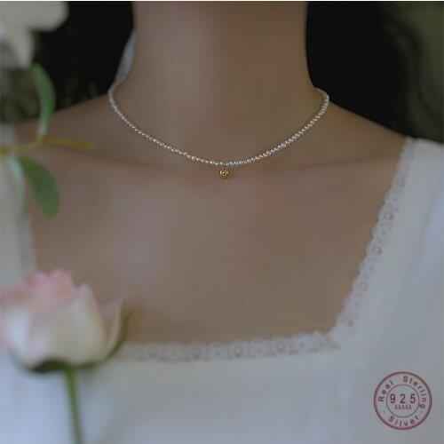 925 Sterling Silver Vintage Golden Handmade Round Bead Pendant Necklace Women Freshwater Pearl Clavicle Chain Jewelry Gift