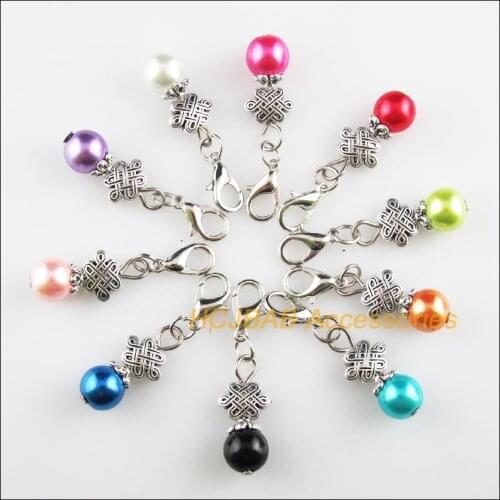 10 New Chinese Knot 10x21mm Charms Mixed Ball Glass Tibetan Silver Plated Retro With Lobster Claw Clasps