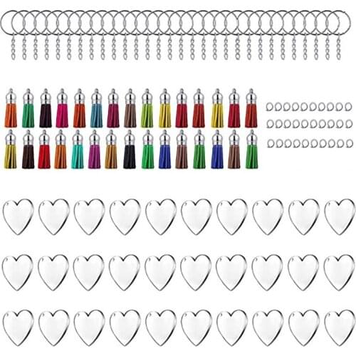 120Pcs Acrylic Transparent Heart Discs Blank Keychains and Tassel Pendant Keyring for DIY Project and Crafts