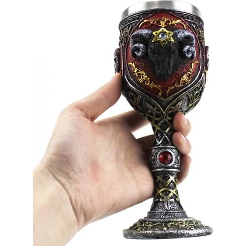 Gothic Rams Skull Goblet Stainless Steel Resin Wine Glasses Retro Cocktail Glass Halloween Gift Theme Party Cup Drinkware