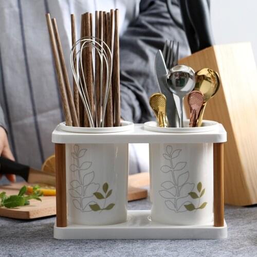 Ceramic Utensil Holder Caddy for Countertop with Plastic Rack Spoon Forks Knives Cutlery Silverware Storage Box Drainer Hole