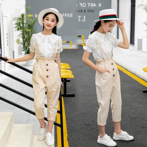 Teens Girls clothes Set Summer Spring Shirt Blouse+Jumpsuit Kids Clothing Children Overalls Rompers 2Pcs Suit For 8 12 14 16