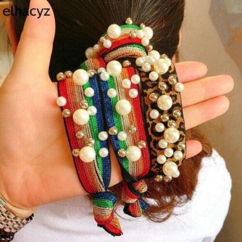 2pcs/lot Pearls Hair Bands for Women Striped Hair Ties Headbands Ponytail Holder Girls Leopard Elastic Hairband Accessories