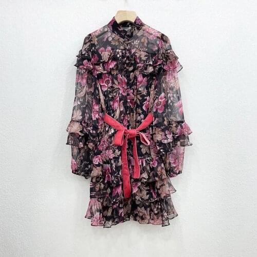 Flower New 100% silk printed lotus leaf cake 2 times long sleeve mini dress is short