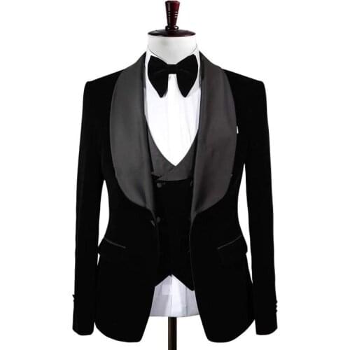 Costume Homme Black Shawl Lapel Groomsmen One Button Men Suits 3 Pieces ( Jacket+Pants+Vest) Groom Tuxedos Suit Men