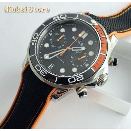 Bliger 2020 new 41mm mens top sports quartz watch sapphire glass ceramic bezel black dial luminous date rubber strap chronograph