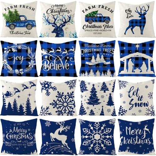 Blue Themed Cushion Cover 45x45cm Elk Christmas Pillowcase 2021 Christmas Decor for Home Merry Christmas Ornament Navidad