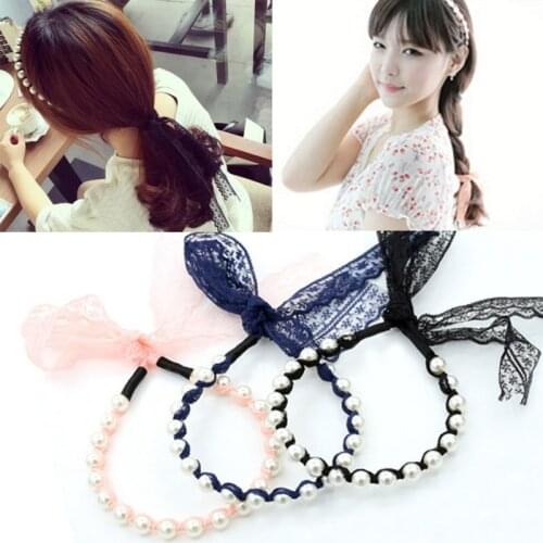 Girls Hairband Artificial Pearl Ornaments Lace Butterfly Knots Hair Holder Accessories Pink/Blue/Black Colors Free shipping