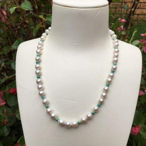 Original 45cm AAAA+luster6.5-7.5mm Baroque White Freshwater pearl Turquoise necklace