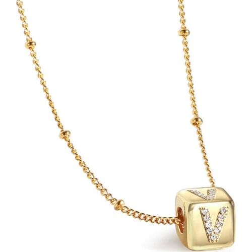 Initial A-Z Letter Gold Color Dice Cube CZ Charm Choker Necklace for Women Satellite Link Chain Length Personalized LDN205