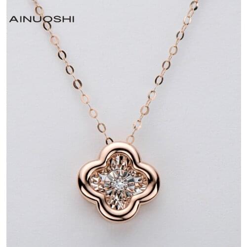 AINUOSHI Hard Gold Craft 18K Rose Real 0.02ct Diamond Lucky Clover Dancing Pendant Necklace For Women Korea Style Jewelry 18