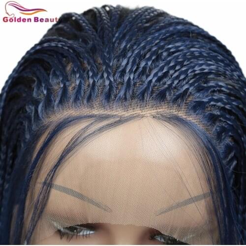 GoldenBeauty Synthetic Baby Hair Lace Frontal Wig 3X Box Braids Wig High Temperature Fiber Blue 24Inch 360g For Black Women