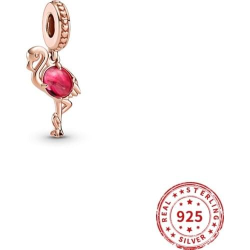 Real 925 Sterling Silver Beads Pink Murano Glass Flamingo Dangle Charm Fit Original Pandora Bracelets Bangles Women Diy Jewelry