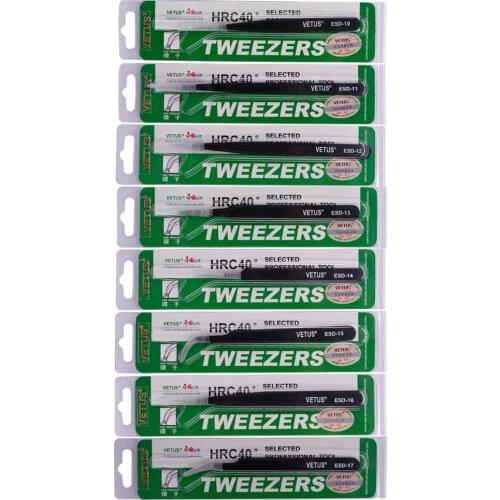 Professional Vetus ESD Stainless Steel Tweezers Black Color Industrial Precision Curved Straight Tweezers