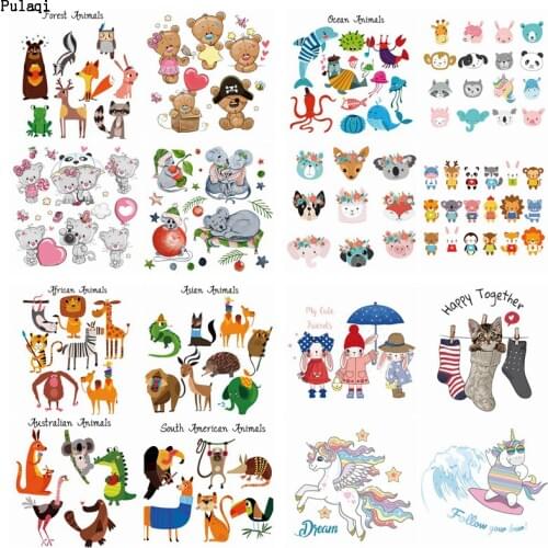Pulaqi Cute Bear Patch Heat Transfer Vinyl Thermal Stickers Iron On Transfer For Clothing Cartoon Animal Rabbit Patch Appliques