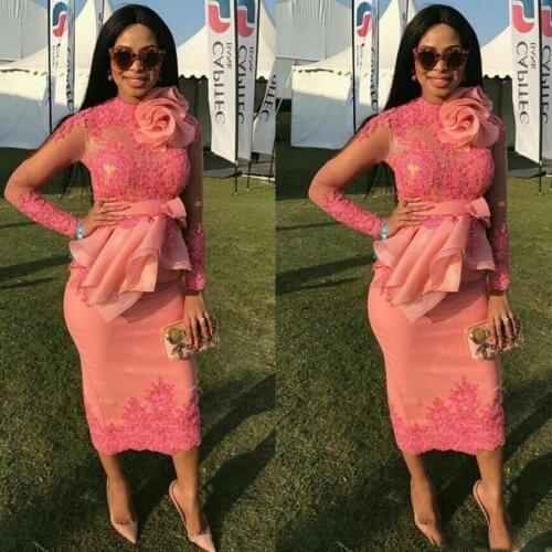 Pink African Appliqued Lace Short Prom Dress Elegant Long Sleeves Evening Gowns Tea length Sheath Special Occasion Dresses