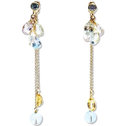 Lii Ji Blue Topaz Green Amethyst Citrine Rose Quartz Natural Stone American 14K Gold Filled Inlay Blue Zircon Stud Earrings