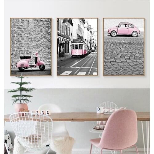 Modern City Pink Scenery Wall Art Poster Nordic Canvas Painting Car Bus Canvas Painting For Living Room Home Decoration Picture