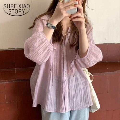 Thin Sun Protection Shirt Summer 2021 O-neck Lantern Sleeve Chiffon Blouse Korean Loose Long Sleeve Blouses Blusas Mujer 10349