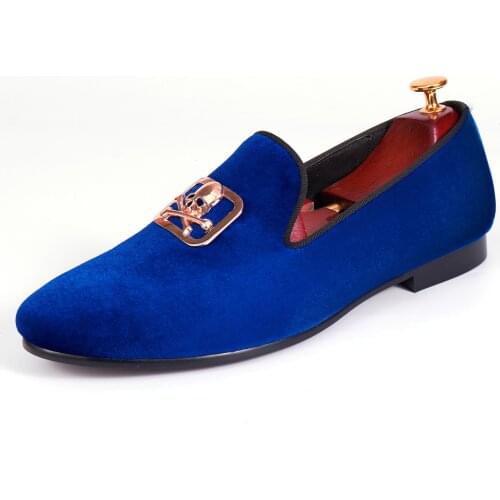 Harpelunde Men Party Shoes Skull Buckle Dress Shoes Blue Velvet Loafers Handmade Smoking Slippers Size 6-14