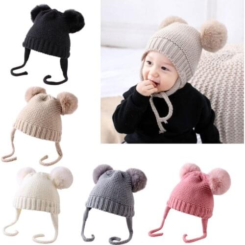 Baby Boys Girls Bobble Knit Beanie Hat Plush Ball Ears Toddlers Winter Warm Double Pompom Cap NEW