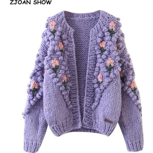 Retro 3D Flower Hand Crochet Ball Cardigan Vintage Woman O neck Long sleeve Purple Knitting Sweater Knitwear Jumper