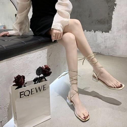 2020 summer new cross strap sandals fairy wind crystal heel sandals female transparent word belt Roman thick heel sandals Z855