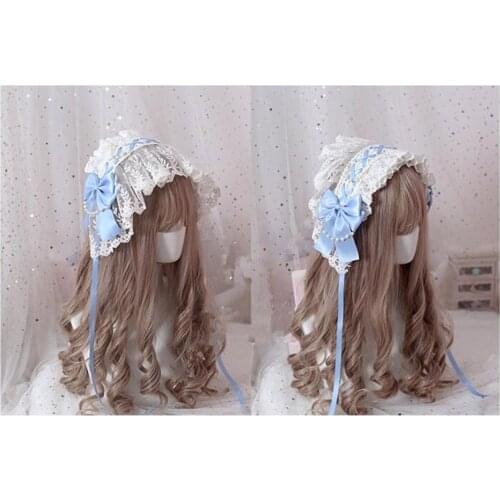 Annies breakfast Cosplay Sweet Lolita Handmade Lolita Bonnet Lace Bowknot Pearl Chain Princess Womens Retro Headwear B852